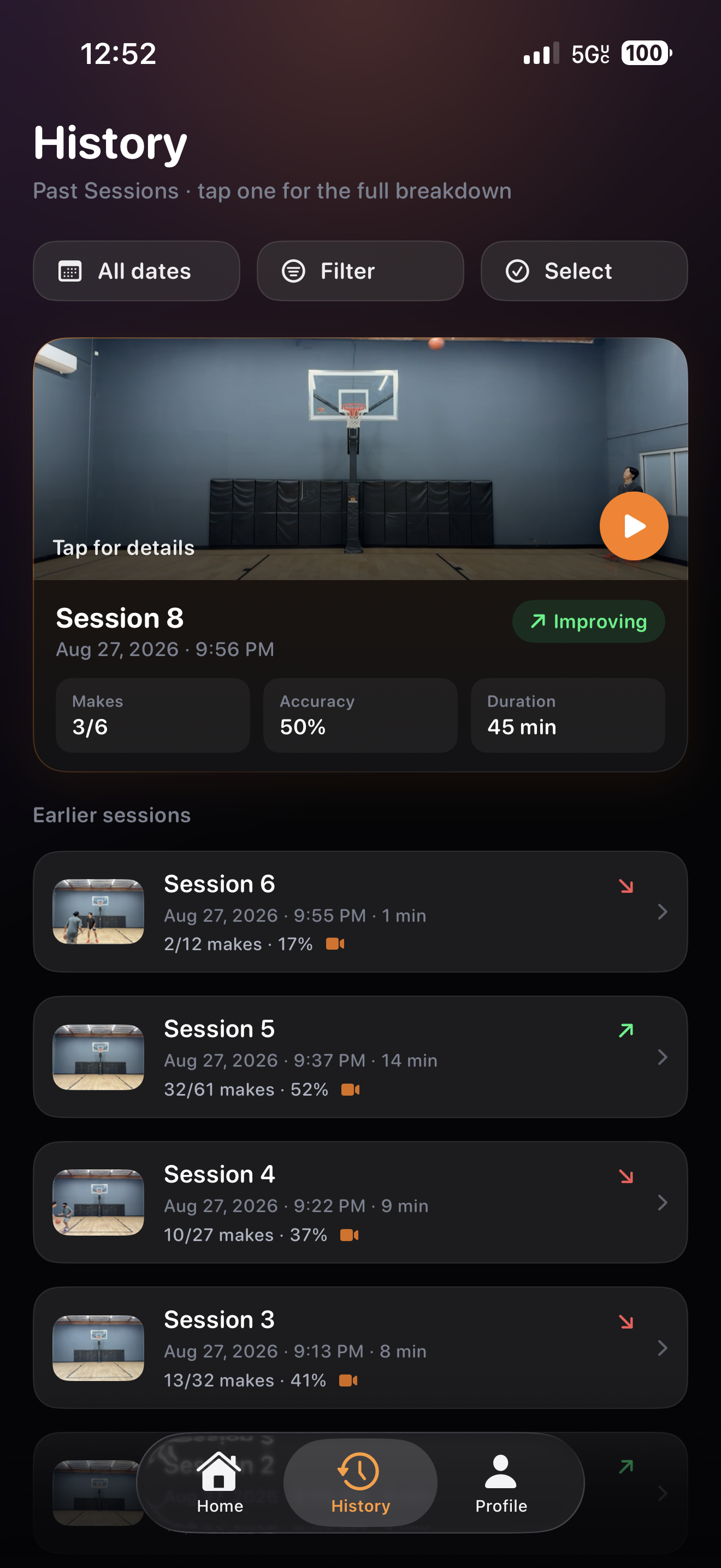 ArcVision history: past sessions with makes, accuracy, and video review