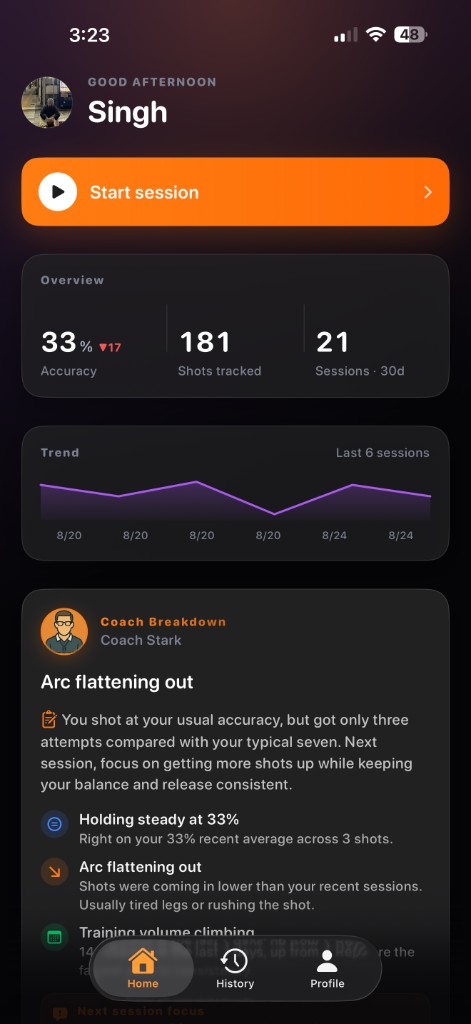 ArcVision home: start a session, track accuracy, and get a coach breakdown